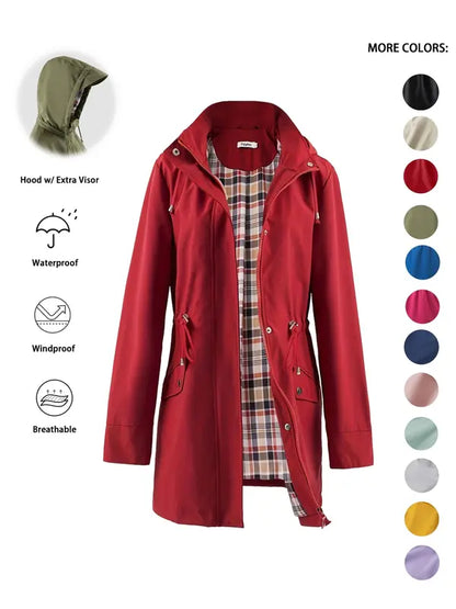Qing - Casual Drawstring Zip Up Hooded Trench Coat